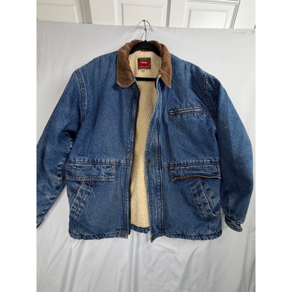 Wrangler Hero Denim Jacket Medium Blue Sherpa Lined Corduroy Collar Work Coat
